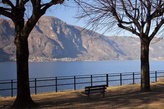 A bench between the trees looking towards the lake and the Alps on the Lake of Como in Italy