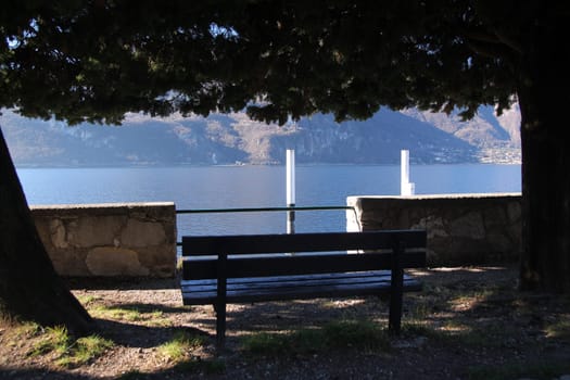 A bench under the trees looking at the traditional docking and Como Lake in Italy