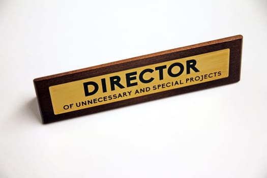 Director of unnecessary and special projects wood and metal sign on a white shelf in office life