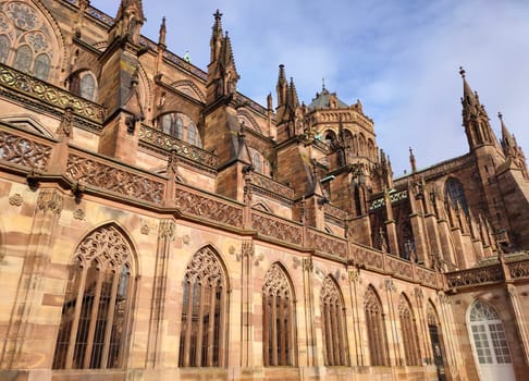 Cathedral of Our Lady or Cathedrale Notre-Dame de Strasbourg, Cathedrale de Strasbourg, Strasbourg Minster in Strasbourg, France. The Roman Catholic cathedral was built in 1176-1439 in Romanesque.