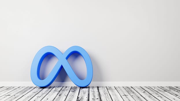 Meta Logo 3D Symbol Shape on Wooden Floor Against Gray Wall with Copy Space 3D Render Illustration
