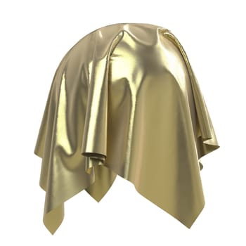Sphere covered with golden shiny fabric material. Isolated on white background. Surprise, award, prize, presentation concept. Reveal the hidden object. Raise the curtain. Photorealistic illustration.