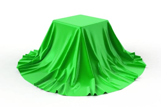 Box covered with red fabric. Isolated on white background. Surprise, award, prize, presentation concept. Showroom stand. Reveal a hidden object. Raise the curtain. Photo realistic illustration.