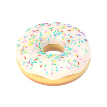 Delicious colorful donut with vanilla icing, sprinkles. Macro view of sweet american dessert isolated on white background. Graphic design element for bakery flyer, poster, scrapbook. 3D illustration