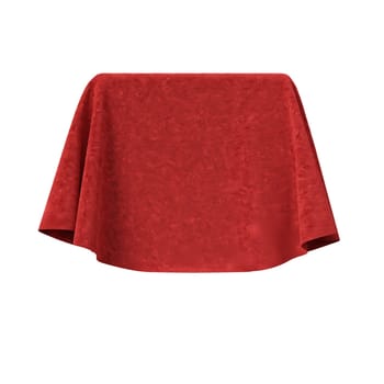Box covered with red velvet fabric. Isolated on white background. Surprise, award, prize, presentation concept. Reveal the hidden object. Raise the curtain. Photo realistic illustration.