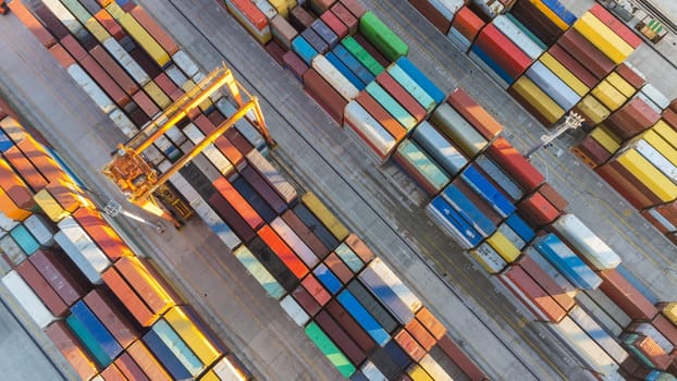 Aerial view of shipping container port terminal. Colourful pattern of containers in harbor. Maritime logistics global inport export trade transportation