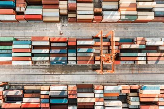 Aerial view of shipping container port terminal. Colourful pattern of containers in harbor. Maritime logistics global inport export trade transportation