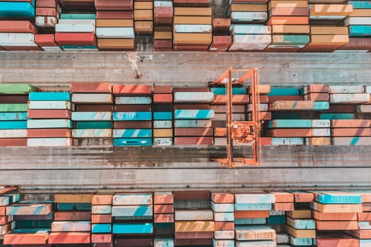 Aerial view of shipping container port terminal. Colourful pattern of containers in harbor. Maritime logistics global inport export trade transportation