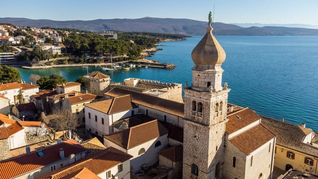 Aerial view of historic Adriatic town of Krk , Island of Krk, Kvarner bay of Adriatic sea, Croatia, Europe.