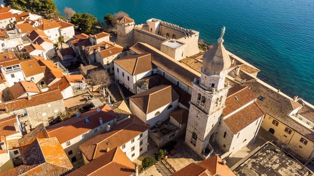 Aerial view of historic Adriatic town of Krk , Island of Krk, Kvarner bay of Adriatic sea, Croatia, Europe.