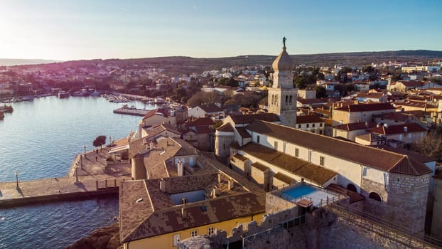 Aerial view of historic Adriatic town of Krk , Island of Krk, Kvarner bay of Adriatic sea, Croatia, Europe.