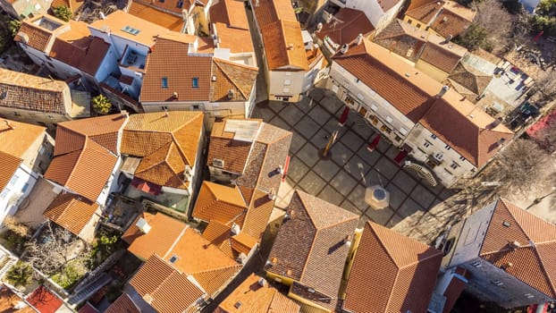 Aerial view of historic Adriatic town of Krk , Island of Krk, Kvarner bay of Adriatic sea, Croatia, Europe.