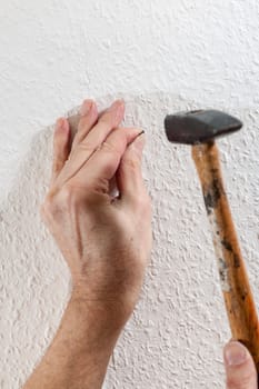 Close-up of a hand with a steel nail driving the nail into a wallpapered white wall with a hammer.
