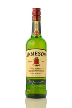 Gaziveren Cyprus -15.02.2025 A vibrant bottle of Irish whiskey stands tall, showcasing its green glass and elegant label, inviting exploration.