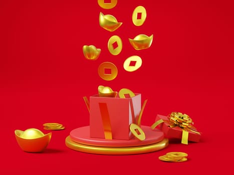Chinese new year day festival concept. Display podium cylinder, Gold wealth coins and ingot fall off to opened red gift box on red background, CNY scene design, 3D Rendering Illustration