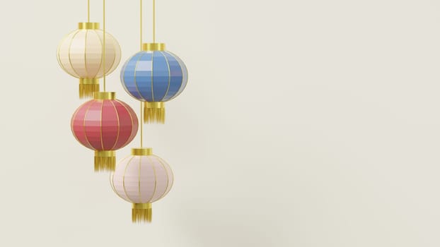 Chinese new year or Chinese lantern festival. Hanging lantern elements Traditional Asian decor on white background, CNY scene graphic design, 3D Rendering Illustration