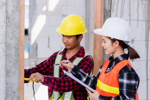 Male industrial builder workers installation process measuring wooden door with measure tape and service woman checking in building construction site. Worker work Building house concept