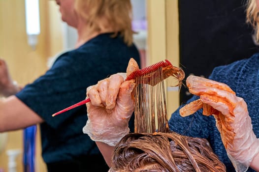 The process of painting women's hair in a barber shop close-up. High quality photo