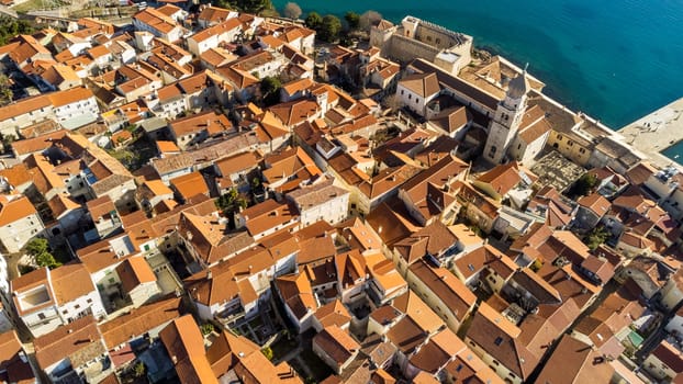 Aerial view of historic Adriatic town of Krk , Island of Krk, Kvarner bay of Adriatic sea, Croatia, Europe.