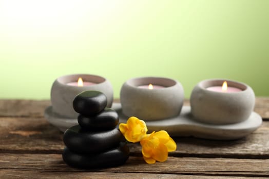 Hand-made soap and sea salt  on grey bamboo mat
