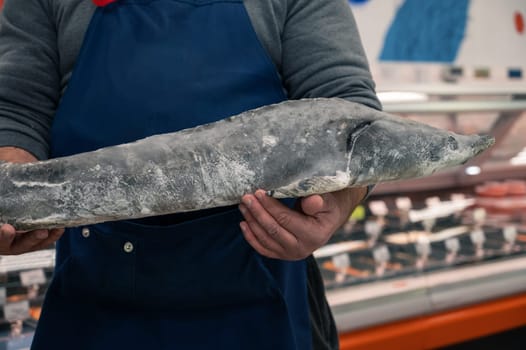 Male fishmonger or fish market worker holding large sturgeon fish