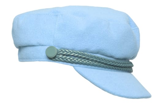 Closeup of a female fashionable blue hat or cap with visor isolated on a white background. Macro.