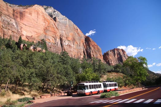 The iconic and traditional shuttle bus transporting people inside Zion National Park in Utah