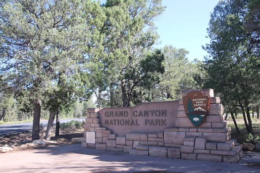 The traditional sign at the entrance of the Grand Canyon National Park in Arizona
