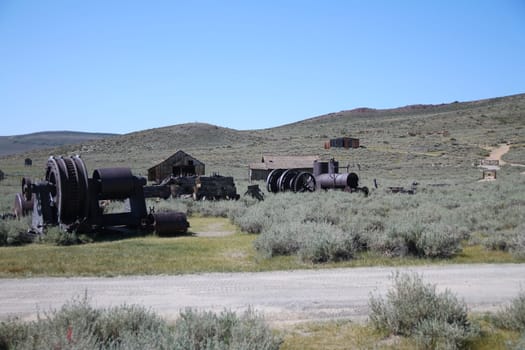 The abandoned gold rush ghost town of Bodie with all the original machinery in California
