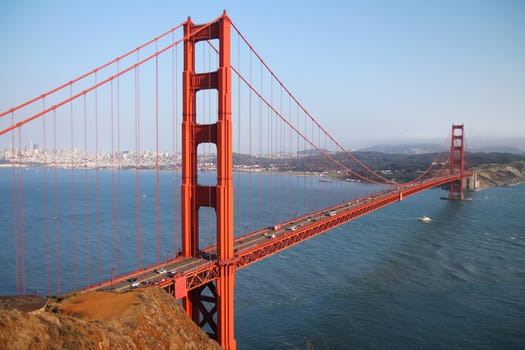 Close up of a pillar of the red Golden Gate bridge in San Francisco in California