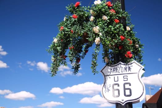 High coloured Route 66 sign with flowers on a black street lamp in Arizona in the United States of America