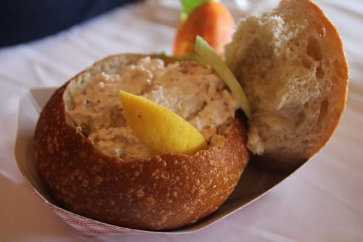 Crab salad in bead chowder as street food in San Francisco in California