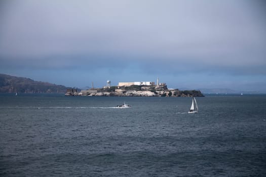 Sailing in front of the famous Alcatraz island in the San Francisco Bay in California