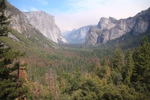 The Yosemite National Park valley with the ash of the 2017 wild fire in California