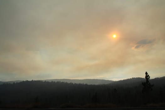 The clouds, ash and fog obscuring the sun during a wild fire in California