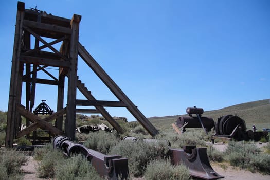 The abandoned pump of the Bodie ghost town in the desert in Nevada