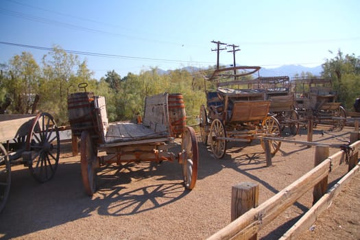 The old traditional wooden carriages in the Death Valley desert in California