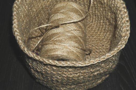 Jute needlework. handmade knitted basket