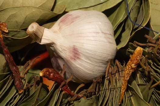 Garlic and bay leaves. dried hot peppers close up