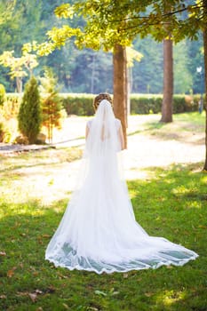 Bride in beautiful dress standing with her back to nature