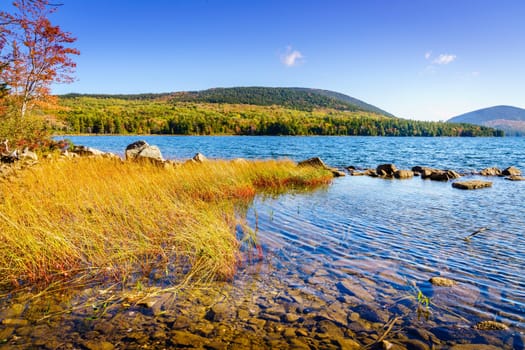 Scenic view of Eagle Lake in Acadia National Park in fall