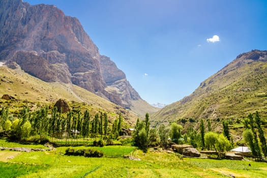 Scenic view of Yaghnob Valley and a mountain village in Tajikistan