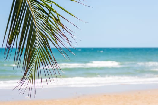 Beautiful tropical beach white sand turquoise ocean water and blue sky with clouds in sunny summer travel vacation day, landscape view