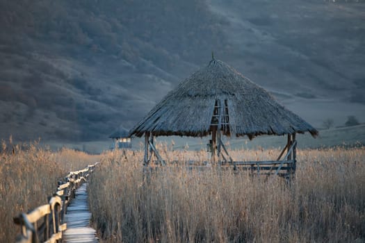 Old wooden boardwalk with a railing on the side and watchtower in the Sic reed reservation, Cluj , Romania