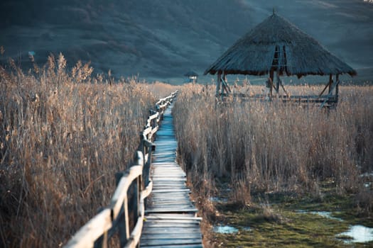 Old wooden boardwalk with a railing on the side and watchtower in the Sic reed reservation, Cluj , Romania