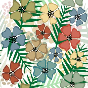 Abstract tropical seamless with fern leaves and flowers