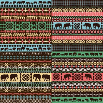 Colorful african patterns with elephants silhouettes