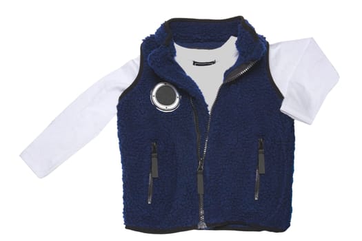 Fur vest. A blue fur vest with blue wool lining fabric and a white shirt for the little boy isolated on a white background. Child spring and autumn fashion.