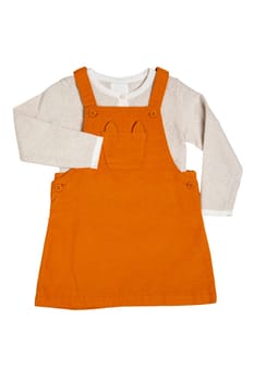 Summer dress isolated. Closeup of a beautiful orange baby girl dress and a beige shirt with isolated on a white background. Clipping path. Children spring fashion.