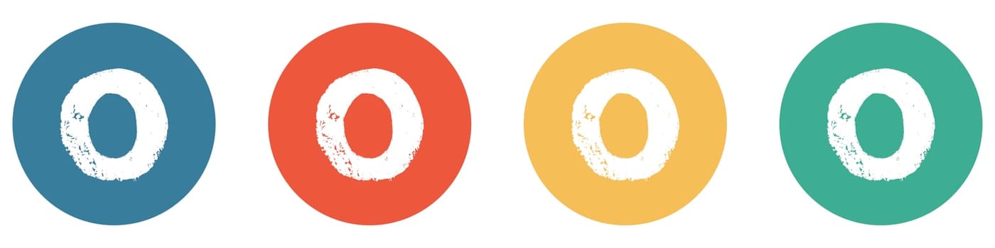 O - White grunge letter on 4 colorful buttons blue, red, orange, green - Lettering Banner